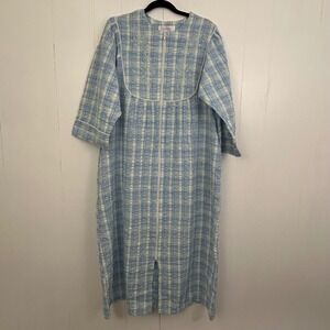 Collette by Miss Elaine Blue Plaid Floral Embroidered Zip Front House Dress M